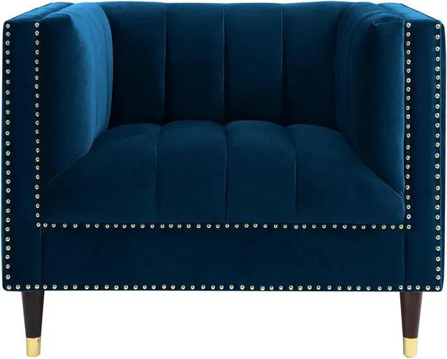 Alt view image 4 of 7 - Karena Navy Blue Velvet Club Chair or Sofa - Channel Tufted | Gold Nailhead Trim | Metal Tip Legs | By Nicole Miller