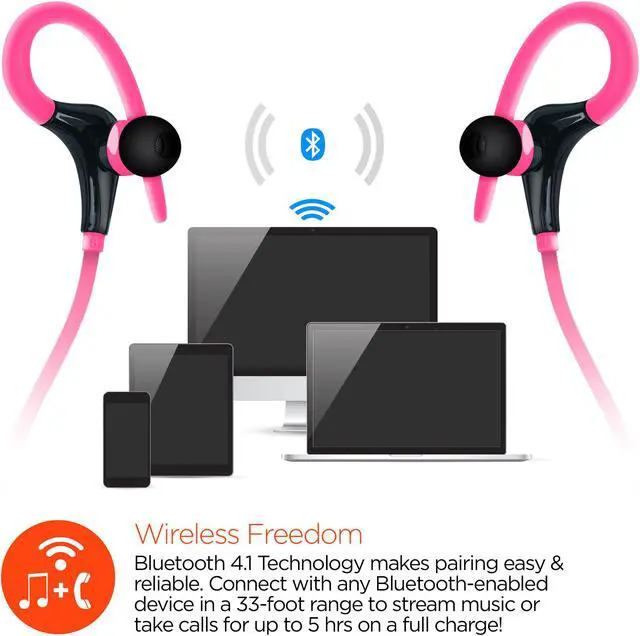 Alt view image 4 of 10 - hypergear marathon sport wireless bluetooth earphones. handsfree music + microphone for calls secure fit with ergonomic ear gels. sweatproof for the gym, running & walking. pink