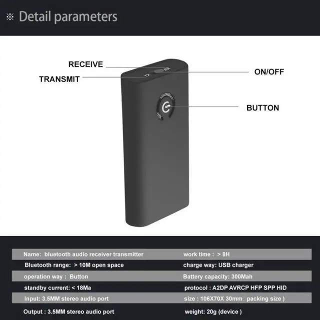 Alt view image 6 of 6 - B9 Wireless Bluetooth Transmitter Receiver 3.5mm Stereo Audio Adapter Output for Headphones TV PC 2 in 1 Transceiver Adapter
