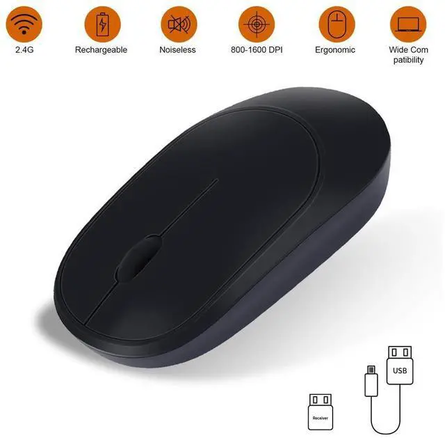 Main image of Wireless Mouse with USB Receiver, 2.4G Rechargeable Portable Ultra-Thin Noiseless Mouse for Notebook, PC, Laptop, Computer, MacBook Black