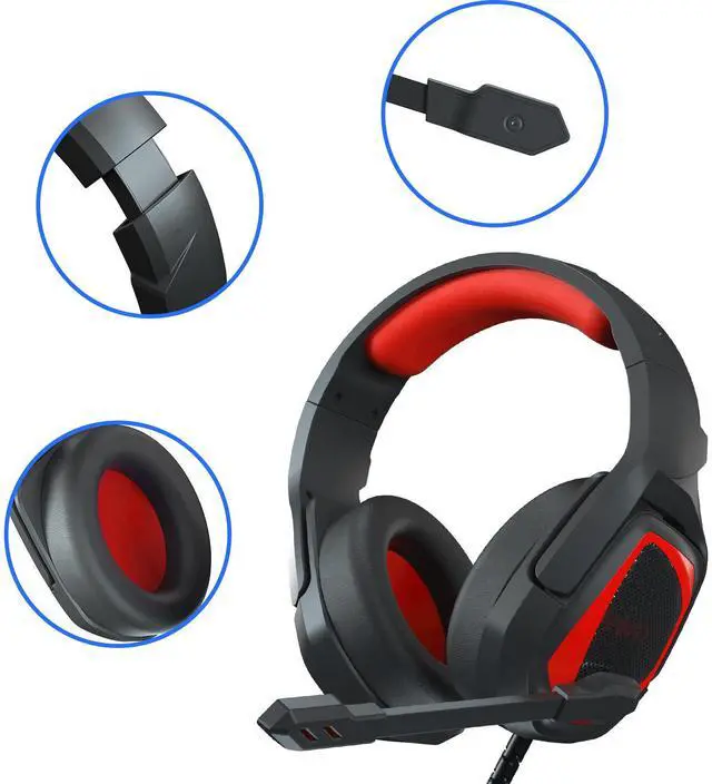 Alt view image 2 of 11 - Gaming Headset, Noise Cancelling Stereo Headphone Memory Earmuffs & Volume Control Headphones Wired Compatible with PC, PS4, Xbox One, Laptop, Nintendo NES, PC Game Headset with Microphone MH602 Red