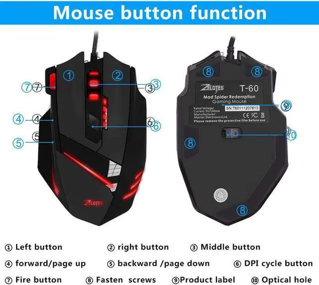 Alt view image 7 of 14 - PC USB Gaming mice T60 7200 DPI Wired Computer Mice 7 Buttons Multi-Modes LED Lights Gaming Mouse for PC Mac