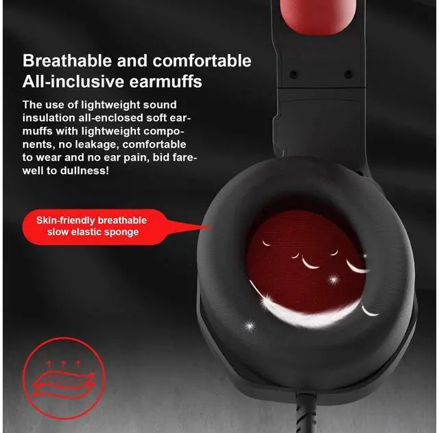 Alt view image 5 of 11 - Gaming Headset, Noise Cancelling Stereo Headphone Memory Earmuffs & Volume Control Headphones Wired Compatible with PC, PS4, Xbox One, Laptop, Nintendo NES, PC Game Headset with Microphone MH602 Red
