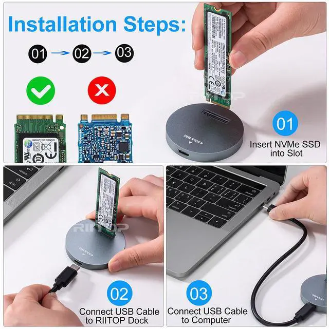 Alt view image 2 of 5 - NVMe to USB Docking Station, RIITOP External M.2 PCI-e NVMe SSD to USB-C Reader Adapter for M.2 (M Key) NVMe SSD