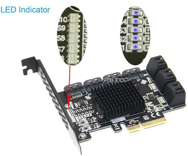 Alt view image 4 of 7 - PCIe x4 SATA Card, 10 Port SATA 6Gbps Controller Expansion Card with Low Profile Bracket, Support 10 SATA 3.0 Devices