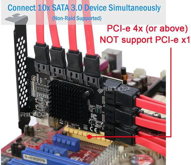 Alt view image 2 of 7 - PCIe x4 SATA Card, 10 Port SATA 6Gbps Controller Expansion Card with Low Profile Bracket, Support 10 SATA 3.0 Devices