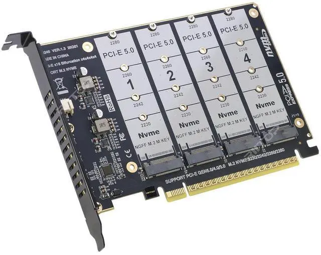 Main image of Quad M.2 NVMe to PCIe Adapter Expansion Card (PCIe Bifurcation Motherboard is Required), Support 4* M.2 PCIe NVMe SSD