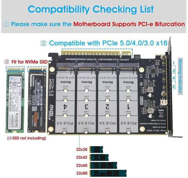 Alt view image 6 of 7 - Quad M.2 NVMe to PCIe Adapter Expansion Card (PCIe Bifurcation Motherboard is Required), Support 4* M.2 PCIe NVMe SSD
