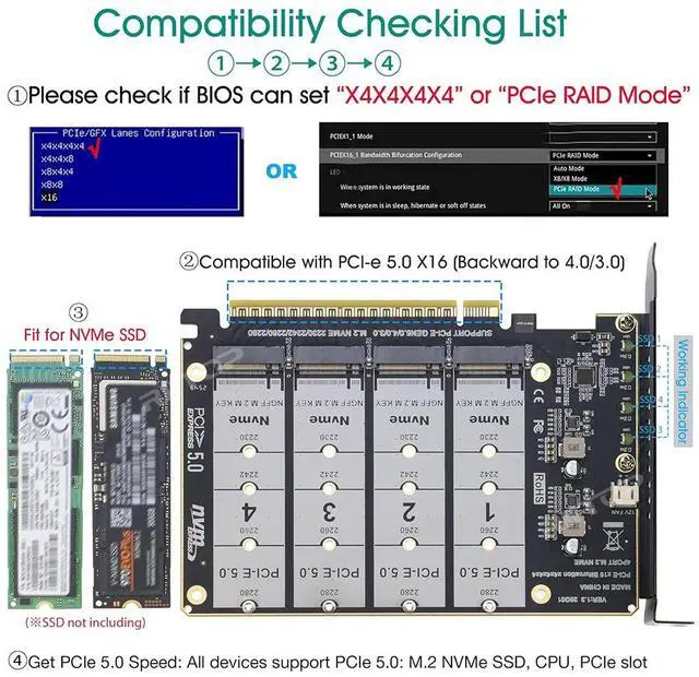 Alt view image 2 of 7 - Quad M.2 NVMe to PCIe Adapter Expansion Card (PCIe Bifurcation Motherboard is Required), Support 4* M.2 PCIe NVMe SSD