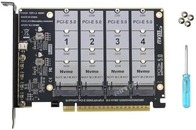 Alt view image 7 of 7 - Quad M.2 NVMe to PCIe Adapter Expansion Card (PCIe Bifurcation Motherboard is Required), Support 4* M.2 PCIe NVMe SSD