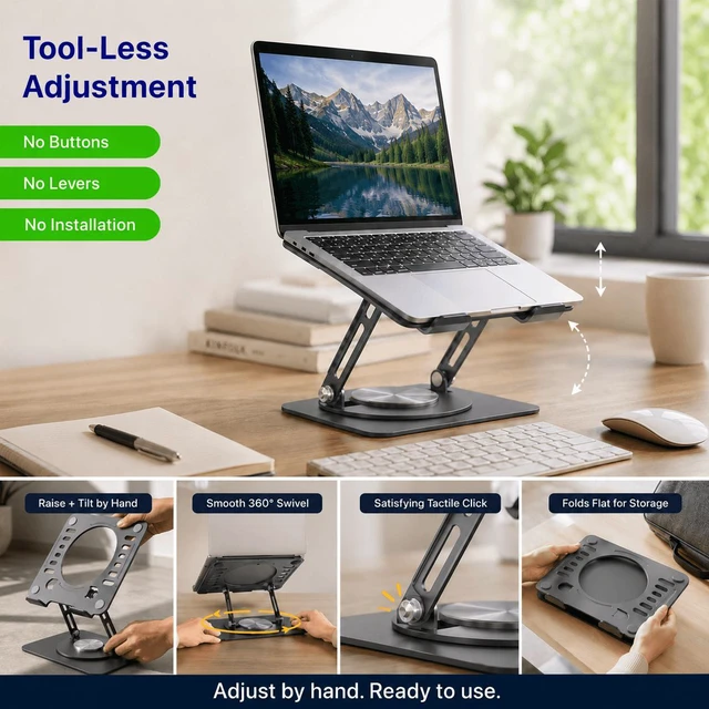 Alt view image 3 of 7 - Adjustable Swivel Laptop Stand for Desk - 360° Rotating Steel Laptop Riser with Height & Tilt, Fits up to 16 Inches