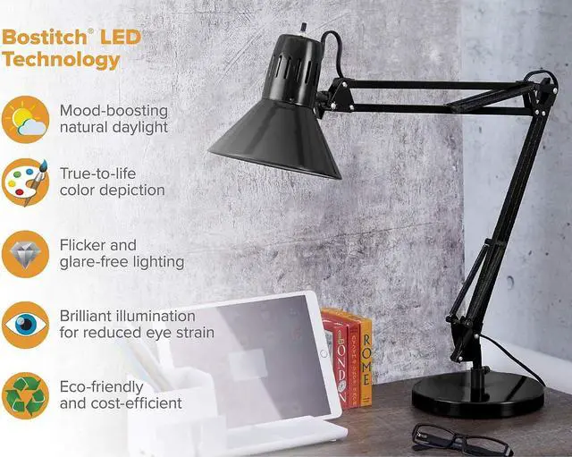 Alt view image 7 of 7 - Bostitch Office VLF100D Swing Arm Desk Lamp, Metal, 36" Reach with Multi-Joint Adjustment, Includes Replaceable LED Bulb (VLF), Black