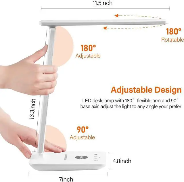 Alt view image 7 of 7 - LED Desk Lamp with Wireless Charger, USB Charging Port, Office Table Lamp with Clock, Alarm, Date, Temperature for Home Office, White