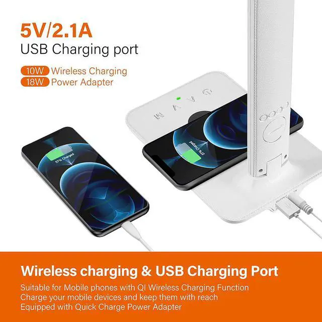 Alt view image 3 of 7 - LED Desk Lamp with Wireless Charger, USB Charging Port, Office Table Lamp with Clock, Alarm, Date, Temperature for Home Office, White