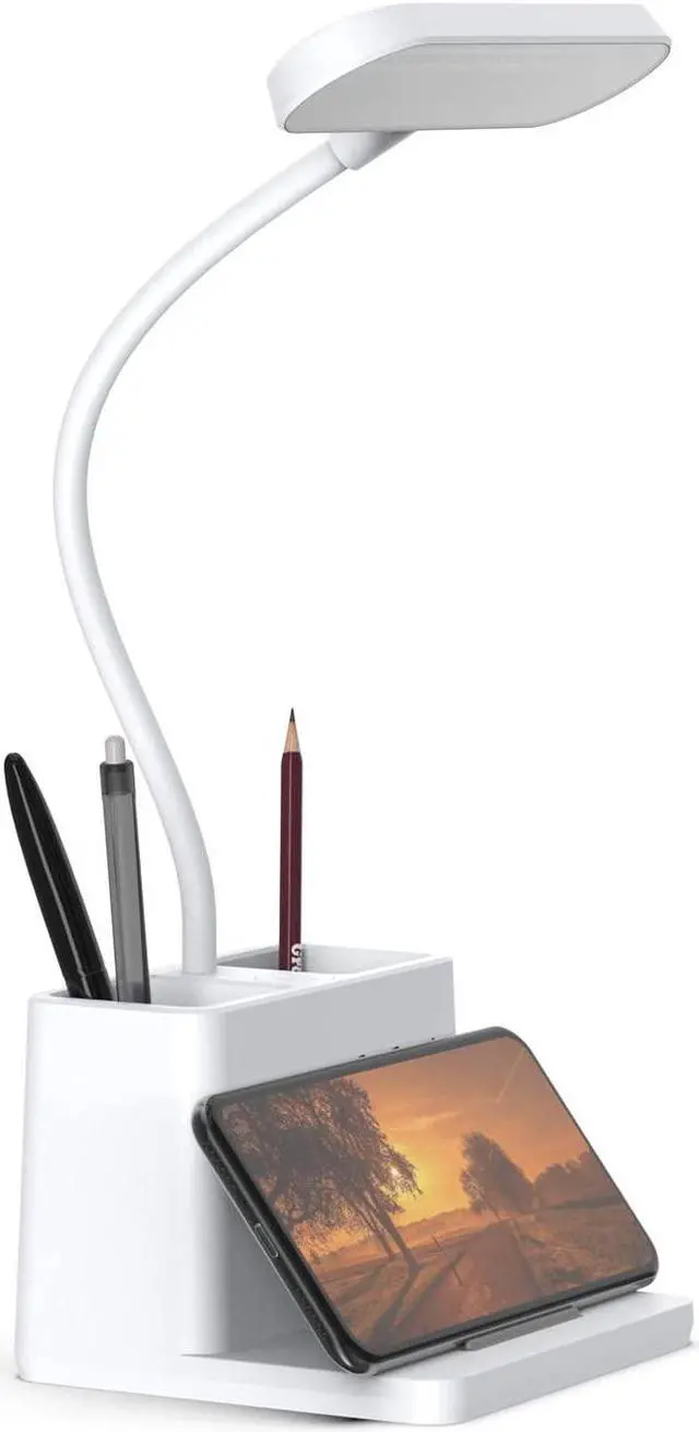 Main image of AXX Small Desk Lamps for Home Office, White Desk Light for Kids, LED Desktop/Computer Study Lamps for Bedrooms, Rechargeable, Battery Operated, Pen Holder, Adjustable Gooseneck Table Lamp