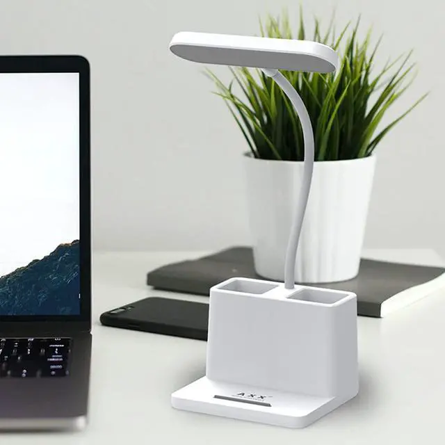Alt view image 2 of 7 - AXX Small Desk Lamps for Home Office, White Desk Light for Kids, LED Desktop/Computer Study Lamps for Bedrooms, Rechargeable, Battery Operated, Pen Holder, Adjustable Gooseneck Table Lamp