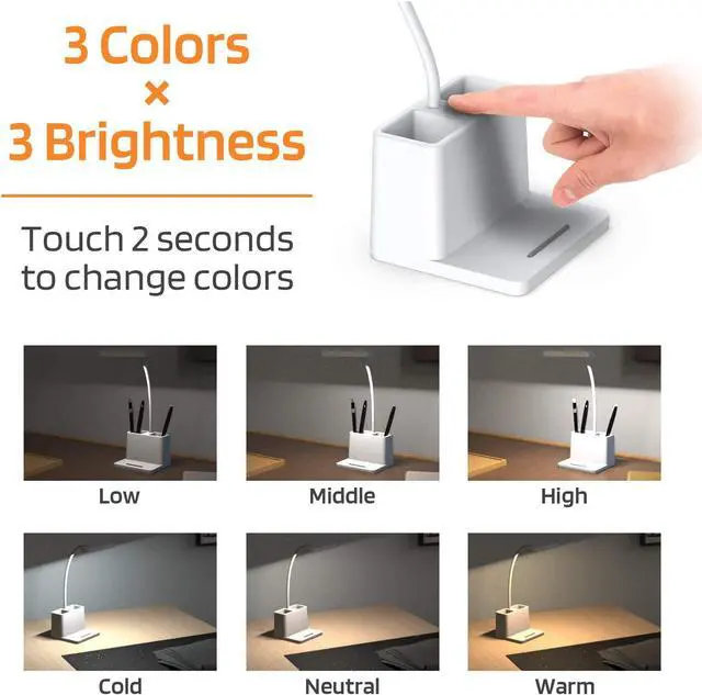 Alt view image 3 of 7 - AXX Small Desk Lamps for Home Office, White Desk Light for Kids, LED Desktop/Computer Study Lamps for Bedrooms, Rechargeable, Battery Operated, Pen Holder, Adjustable Gooseneck Table Lamp