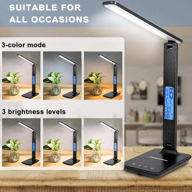 Alt view image 3 of 7 - LED Desk Lamp with Wireless Charger, Suitable for Home, Office Dimmable, with USB Charging Port, Built-in Clock, Calendar, Thermometer and Automatic Timing Reading Desk Lamp.