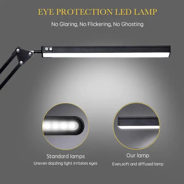 Alt view image 4 of 7 - LED Desk Lamp, Adjustable Swing Arm Lamp with Clamp, Eye-Caring Reading Light, 10 Brightness Levels, 3 Lighting Modes, Memory Function Lamps for Home Office Adapter (Black)