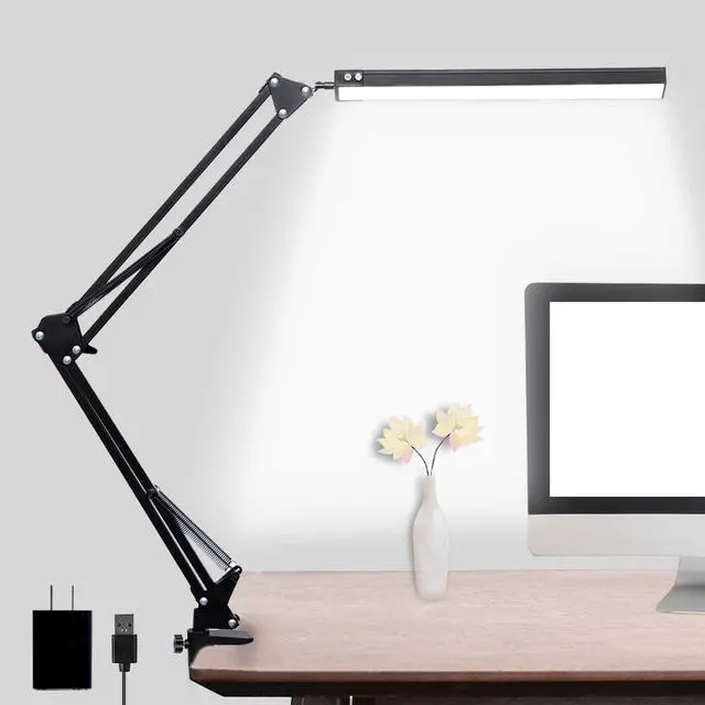 Main image of LED Desk Lamp, Adjustable Swing Arm Lamp with Clamp, Eye-Caring Reading Light, 10 Brightness Levels, 3 Lighting Modes, Memory Function Lamps for Home Office Adapter (Black)