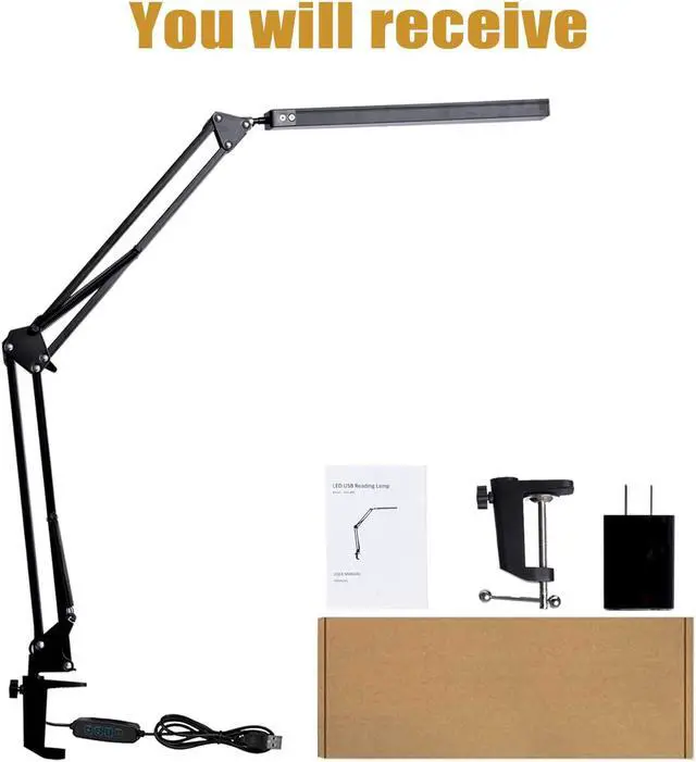 Alt view image 7 of 7 - LED Desk Lamp, Adjustable Swing Arm Lamp with Clamp, Eye-Caring Reading Light, 10 Brightness Levels, 3 Lighting Modes, Memory Function Lamps for Home Office Adapter (Black)