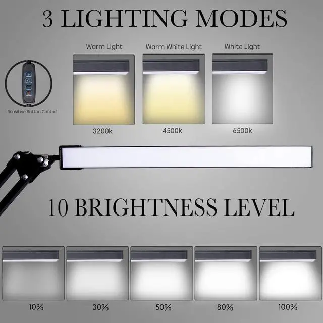Alt view image 2 of 7 - LED Desk Lamp, Adjustable Swing Arm Lamp with Clamp, Eye-Caring Reading Light, 10 Brightness Levels, 3 Lighting Modes, Memory Function Lamps for Home Office Adapter (Black)