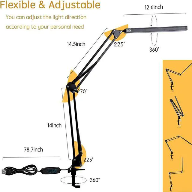 Alt view image 3 of 7 - LED Desk Lamp, Adjustable Swing Arm Lamp with Clamp, Eye-Caring Reading Light, 10 Brightness Levels, 3 Lighting Modes, Memory Function Lamps for Home Office Adapter (Black)