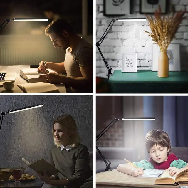 Alt view image 6 of 7 - LED Desk Lamp, Adjustable Swing Arm Lamp with Clamp, Eye-Caring Reading Light, 10 Brightness Levels, 3 Lighting Modes, Memory Function Lamps for Home Office Adapter (Black)