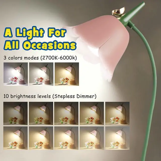 Alt view image 3 of 7 - Neporal Small Desk Lamp, Rechargeable LED Desk Lamp Touch Control with 360° Bendable Adjustable Neck , Kawaii Room Accessories, Dimmable Cute Desk Lamp, Pink