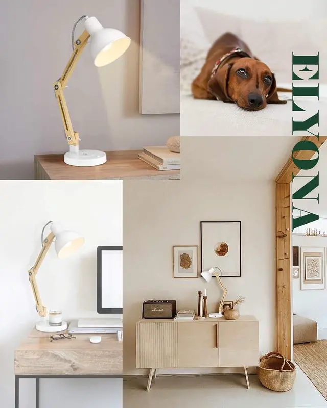 Alt view image 4 of 7 - ELYONA White Desk Lamp with Wireless Charger, Solid Wood Table Lamp with USB C Charging Port, Swing Arm Reading Task Light with 5W LED Bulb for College Dorm, Office, Living Room, Bedroom, Farmhouse