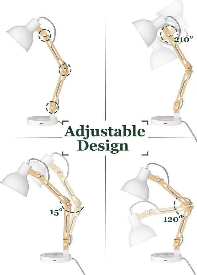 Alt view image 6 of 7 - ELYONA White Desk Lamp with Wireless Charger, Solid Wood Table Lamp with USB C Charging Port, Swing Arm Reading Task Light with 5W LED Bulb for College Dorm, Office, Living Room, Bedroom, Farmhouse