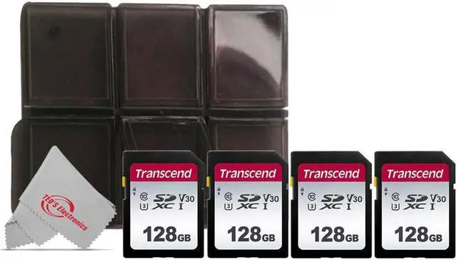 Main image of Four Pack Transcend SDXC 128GB UHS -I U3 300s V30 Class 10 with Memory Card Holder