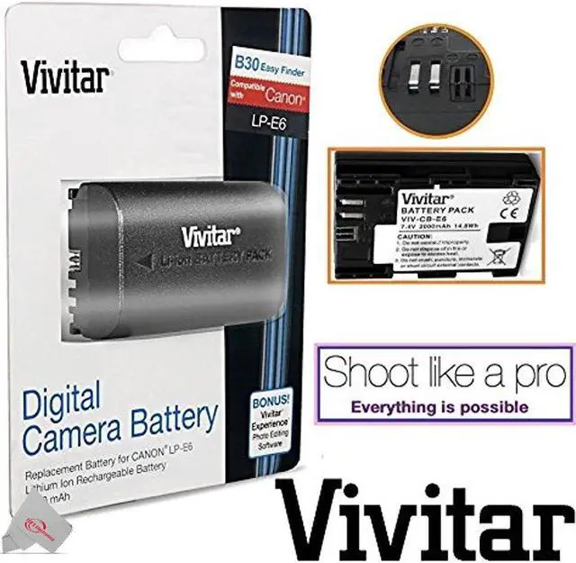 Alt view image 2 of 4 - Vivitar VIV-CB-E6 Replacement Battery for Canon LP-E6 + Vivitar LC-E6 Replacement Rapid Charger for Canon LP-E6 For 90D 80D 5D 6D 7D