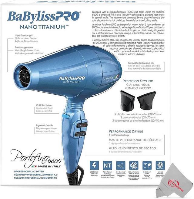 Alt view image 5 of 5 - Babyliss Pro Nano Titanium Portofino 6600 Full-Size Hair Dryer, Blue #BNT6610N