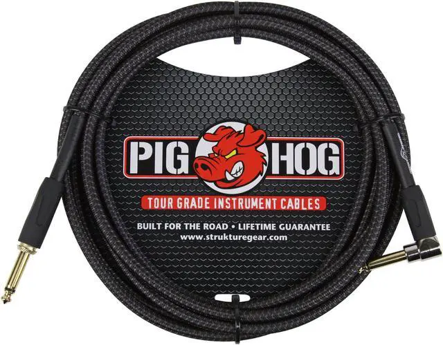 Alt view image 5 of 7 - Pig Hog Instrument Cable Black Woven 1/4" to 1/4" Right Angle 10 ft. Black Woven