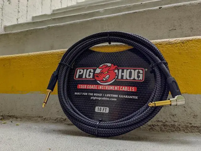 Alt view image 6 of 7 - Pig Hog Instrument Cable Black Woven 1/4" to 1/4" Right Angle 10 ft. Black Woven