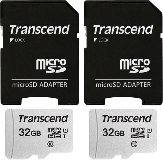 Main image of 2 Packs Transcend 32GB MicroSD 300s 100MB/s Class 10 Micro SDHC Memory Card with SD Adapter