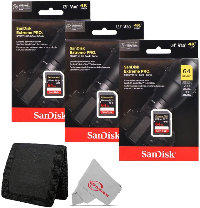 Main image of 3x Sandisk 64GB Extreme PRO SDXC UHS-I Memory Card + Card Wallet
