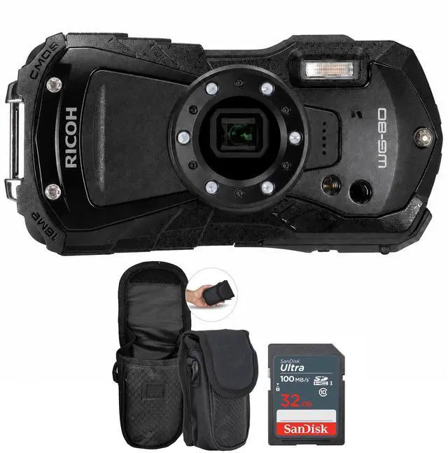 Main image of Ricoh WG-80 Waterproof Digital Camera (Black) with SanDisk 32GB Card and Camera Case