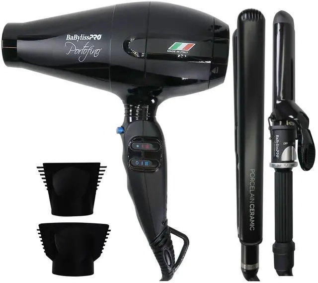 Main image of BaByliss Pro Portofino 2000 Watts Dryer Black BPOR1 with Porcelain Ceramic Limited Edition Straightening Iron 1" and Spring Curling Iron 1¼" Styling Set