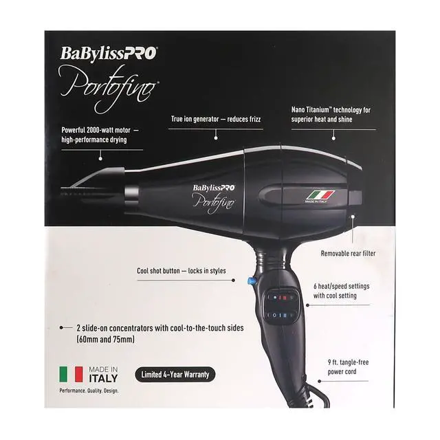 Alt view image 5 of 7 - BaByliss Pro Portofino 2000 Watts Dryer Black BPOR1 with Porcelain Ceramic Limited Edition Straightening Iron 1" and Spring Curling Iron 1¼" Styling Set