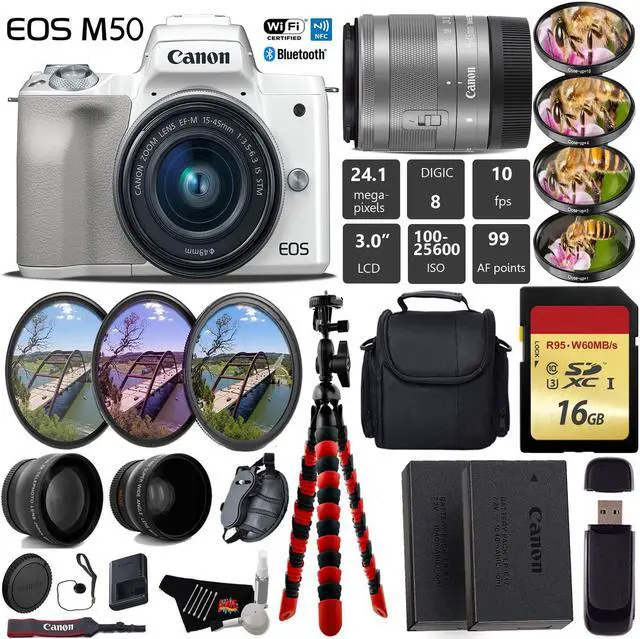 Main image of Canon EOS M50 Mirrorless Digital Camera (White) with 15-45mm Lens + UV FLD CPL Filter Kit + 4 PC Macro Kit + Wide Angle & Telephoto Lens + Camera Case + Tripod + Card Reader - International Version