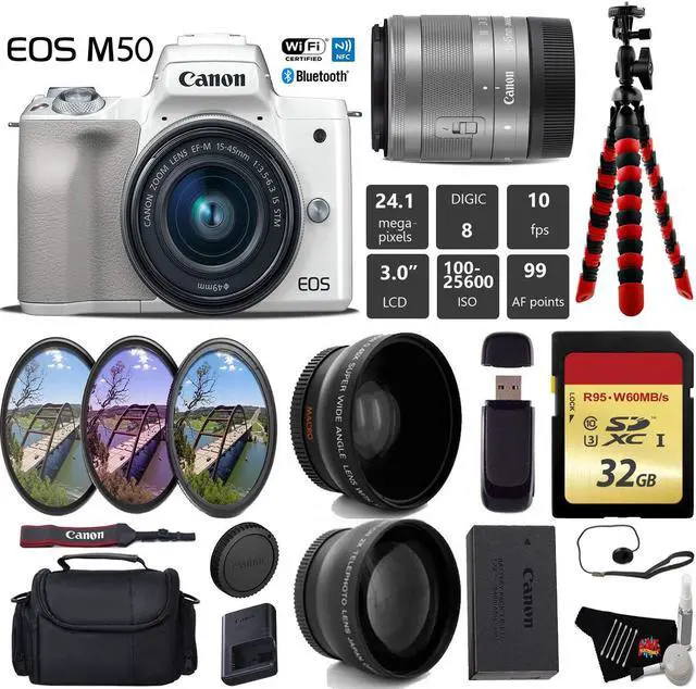 Main image of Canon EOS M50 Mirrorless Digital Camera (White) with 15-45mm Lens + UV FLD CPL Filter Kit + Wide Angle & Telephoto Lens + Camera Case + Tripod + Card Reader - International Version
