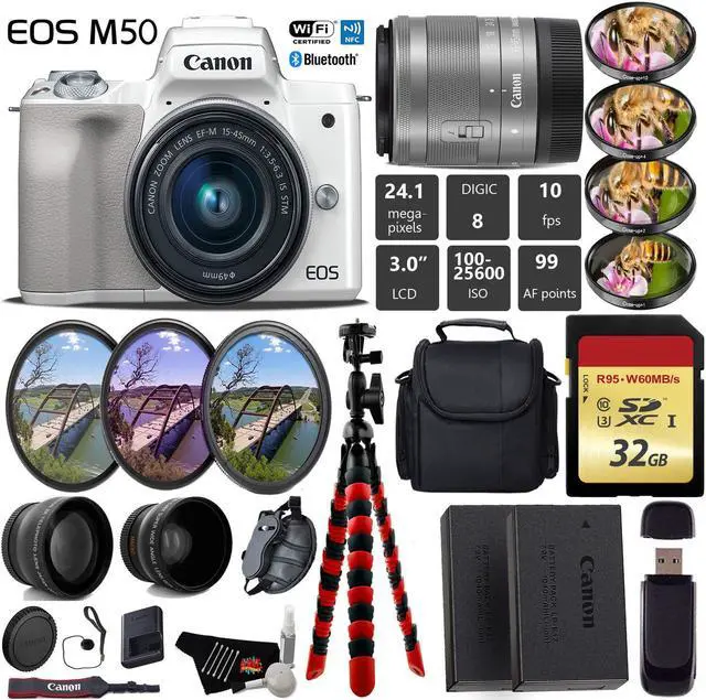 Main image of Canon EOS M50 Mirrorless Digital Camera (White) with 15-45mm Lens + UV FLD CPL Filter Kit + 4 PC Macro Kit + Wide Angle & Telephoto Lens + Camera Case + Tripod + Card Reader - International Version
