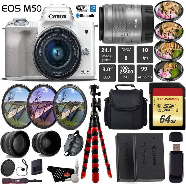 Main image of Canon EOS M50 Mirrorless Digital Camera (White) with 15-45mm Lens + UV FLD CPL Filter Kit + 4 PC Macro Kit + Wide Angle & Telephoto Lens + Camera Case + Tripod + Card Reader - International Version