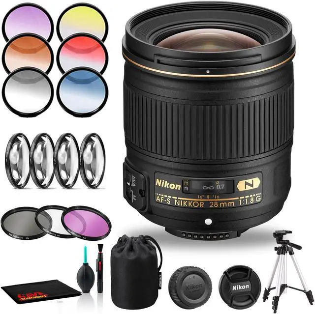 Main image of Nikon AF-S NIKKOR 28mm f/1.8G Lens Includes Filter Kits and Tripod (Intl Model) Bundle