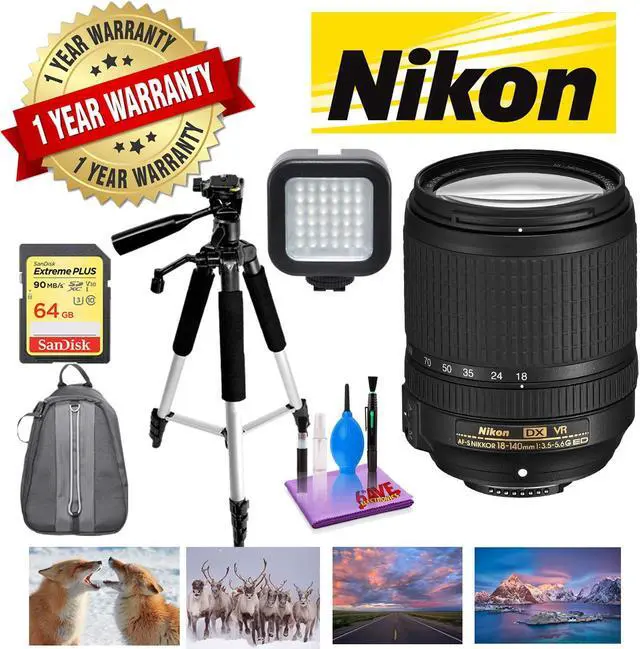 Main image of NIKON 18-140MM F/3.5-5.6G ED AF-S DX VR Lens with 1 Year Warranty, Sandisk 64GB Memory, Portable LED Light, and Deluxe P