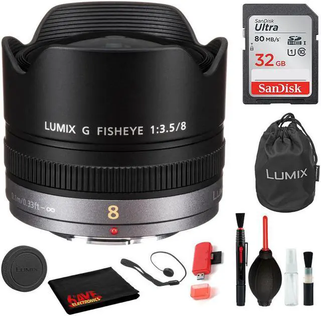 Main image of Panasonic Lumix G Fisheye 8mm f/3.5 Lens with Bundle: Sandisk 32gb SD Card, Deluxe Lens Cleaning Kit + More