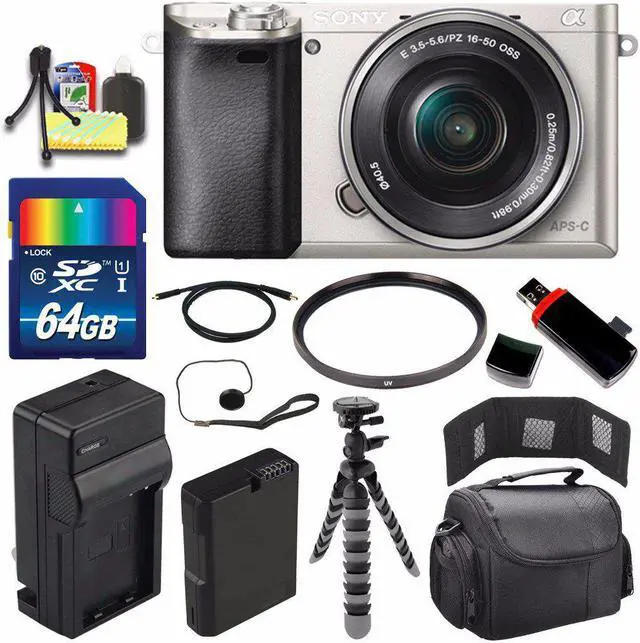 Main image of Sony Alpha a6000 Mirrorless Digital Camera with 16-50mm Lens (Silver) + Battery + Charger + 64GB Bundle 3 - Internationa