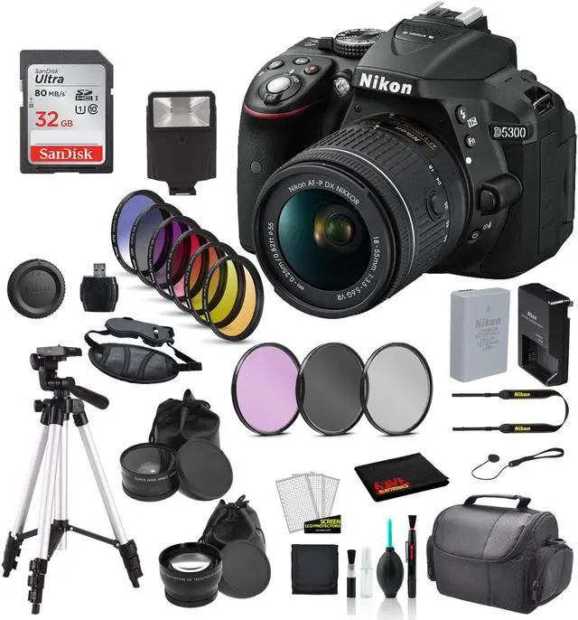 Main image of Nikon D5300 DSLR Camera with AF-P 18-55mm VR Lens Bundle SanDisk 32GB SD Card + 9PC Filter Kit +  MORE - International